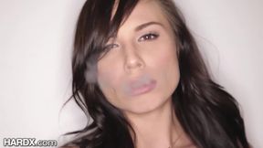 Smoking brunette taking black cock