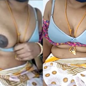 South Indian Tamil Aunty Open Saree Blouse Nude Boobs Puffy Nipples Massage Shaking Dirty Talking About Fucking Sucking