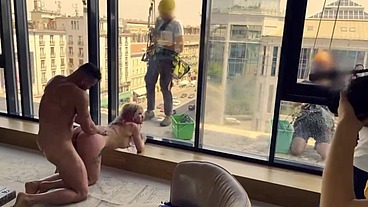 Anal pissing, fucking in front of windows cleaners