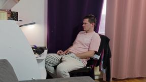 Horny Straight Guy Masturbates His Big White Cock While Watching Porn - Ends with a Cumshot