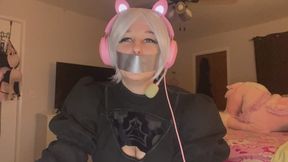 Goth girl in tape gag 2-B cosplay plays horror game
