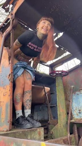 Hot Babe Pees on Abandoned Train!