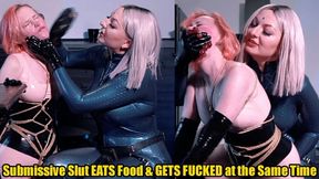 This bitch greedily swallows food, doesn’t chew, sucks deep strap-on at the same time! (720p)