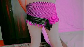 Playful trans beauty hiding behind sheer lace curtain