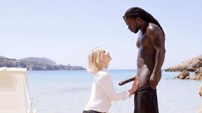 ”Beautiful Tiny Blonde Emily hops on monster big black dick”