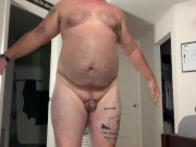 Dad Bod doing squats lunges jumping jacks and stretching