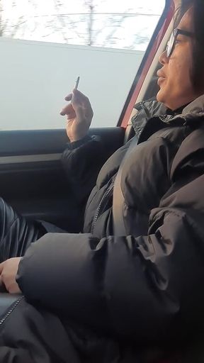 Big Lips Smoking in Car Leather Pants