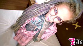 Petite glasses-wearing nerdy TATTOO teen gets rough anal and facial cumshot