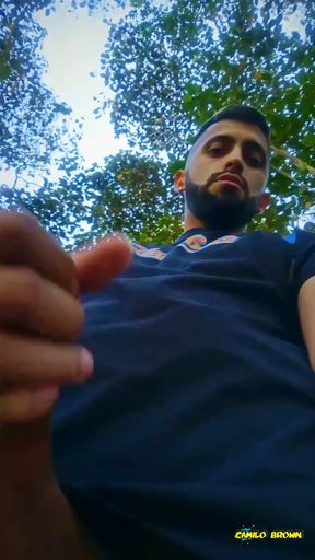 Big uncut cock latino jerking outdoors in the woods and eating his tasty cum careful not to get caught   Clip 1