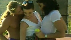 Stunning brunette bimbos on the tennis court sharing penis