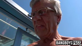 Pool party with old man blowing on some young dick for fun