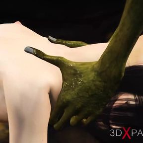 Hot sex! Beautiful young queen gets fucked hard by a Google green monster in the mystical cave