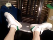 Apple laptop worships Adidas Stan Smith sneakers, white socks, boy's feet fetish, twink's legs