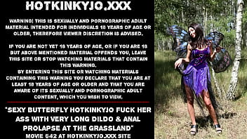 Sexy butterfly Hotkinkyjo fuck her ass with very long dildo &amp_ anal prolapse at the grassland