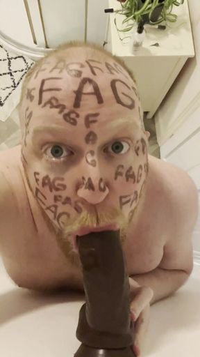 Ginger faggot worships and deepthroats his dildo