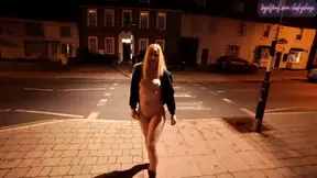 Young blonde wife walking nude down a high street in Suffolk