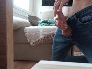 The Horny Jerk Off With The Nice Big Cock Jerks Off With The Tv Remote And Cums In His Hand