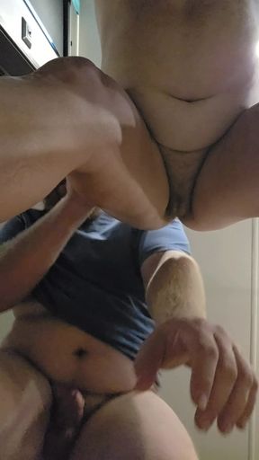 Chubby wife's big tits flopping from doggie style then queefing and cum flowing out at the end