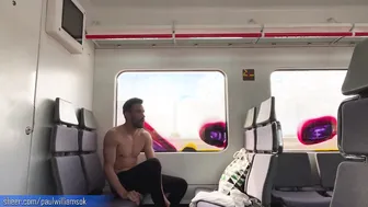 Tanned Latino stud strips naked and jerks off on a public train