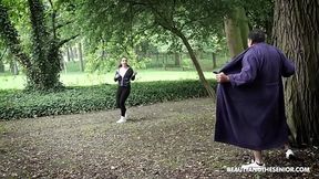 Creeper flashes young hot runner! She stop and fucks the old dude!