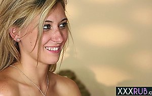 Petite blonde MILF massaged and deepthroated by perverted big dick guy
