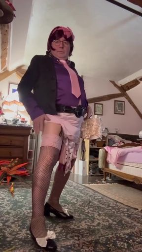 Dressed in a small pink skirt for an evening