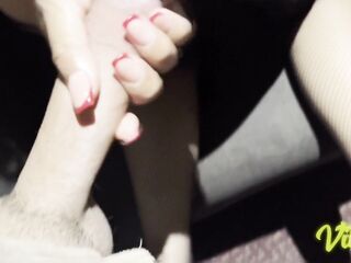 My girlfriend looks pretty in her fishnet outfit and heels