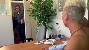 Two badass blondes gets to fucked hard in the office by huge cocks