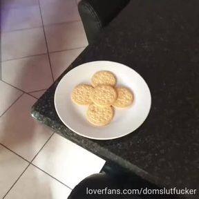 Girl eating cum covered cookies after sucking and jerking cock