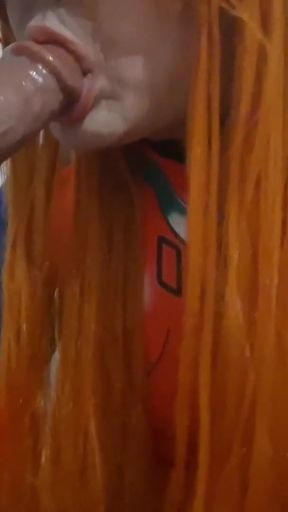 Pretty Trans Asuka Eating Cum and Giving a Blowjob to a Dildo while she uses a Extreme BDSM Nosehook   Clip 1