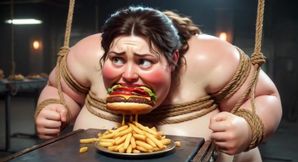 Tied up SSBBW Eats Massive Meal While Kneeling - Belly Stuffing
