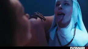 Futa nun Karina King gives a deepthroat sucking to Nata Gold's fake rod