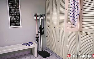 Skinny blonde banged in the gym shower