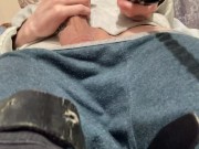 the guy jerks off on the phone, cums on the white jacket