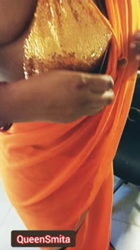 Low Hip Orange Saree Navel Aunty