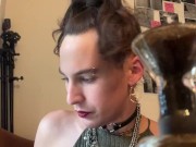 cute tranny smokes and shows you her feet before masturbating (pt 1 full video on OF)