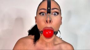 Extreme pain and pleasure reverse prayer hogtie 4K - large ball gag, clit clamp, dildo, hogtie, vibrator