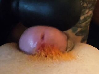 Super chubby, tight twat with trimmed orange bush takes big shlong and sex-toy to get covered in cum