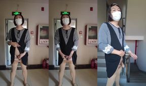 Ladyboy creampie in public stairwell