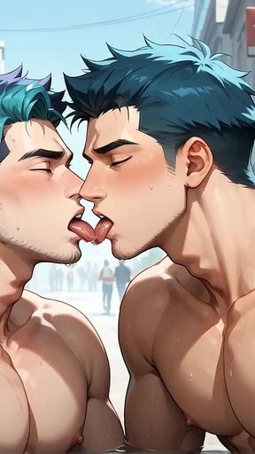 Watch Horny, Dissolute, Blue-haired Muscle Dudes Worshiping on Kyoto Streets in the Greatest Gay XXX Porn!