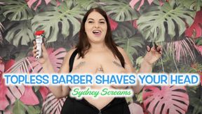 Topless Barber Shaves Your Head - A haircutting scene featuring: pov haircut, big tits, clippers, barber fetish, and shaving - 720 MP4