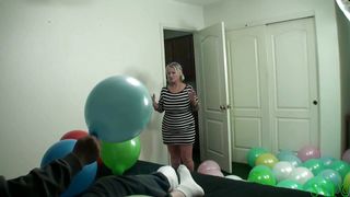 Mean and nasty stepgrandma smokes and fucks stepgrandson while busting balloons
