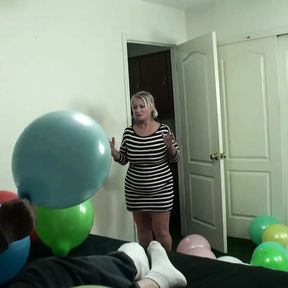 Mean and nasty stepgrandma smokes and fucks stepgrandson while busting balloons