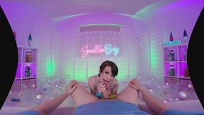 Short-haired VR girl gives sloppy deepthroat blowjob on hefty schlong