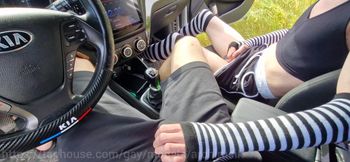 Picked up on the Highway and Fucked in the Car by Sissy Femboy in Stockings Without a Condom! Filled It All with Cum!