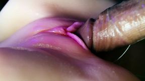 Juicy pussy close-up absorbs a portion of sperm from a big cock and slurps!