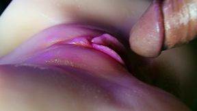 Juicy pussy close-up absorbs a portion of sperm from a big cock and slurps!