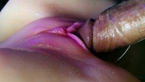 Juicy pussy close-up absorbs a portion of sperm from a big cock and slurps!