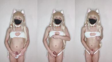 Blonde femboy cat cosplayer squirts in lingerie