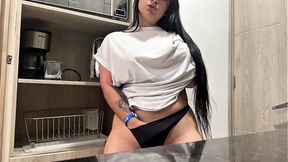 Juicy masturbation in the hotel kitchen - big natural tits